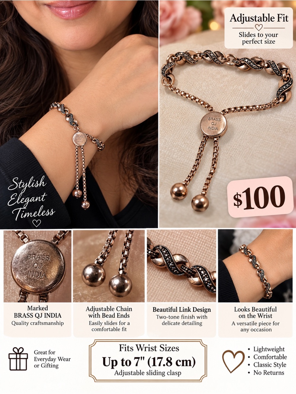 Vintage Stylish Rose Gold and Black Twisted Link Adjustable Bracelet-JQ INDIA
